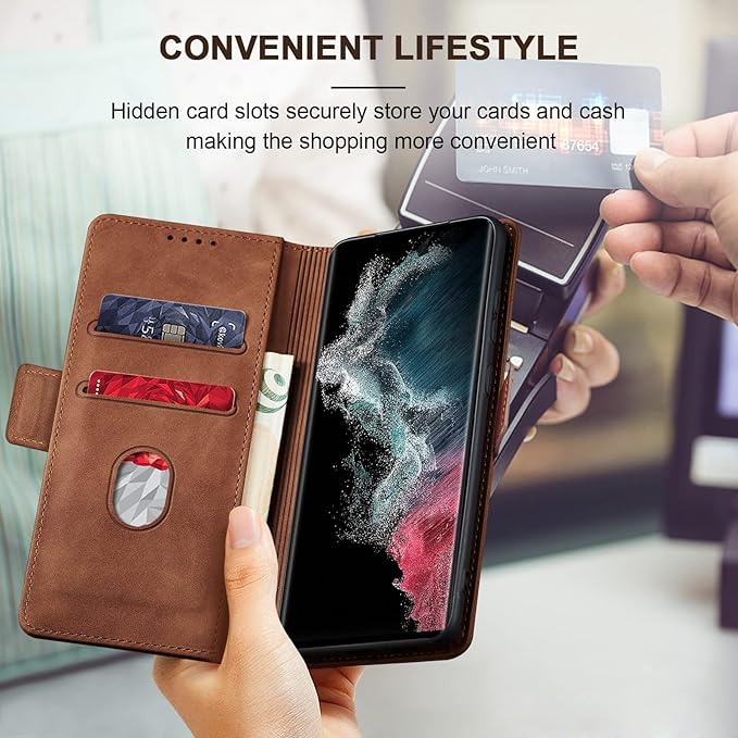 Jasonyu Flip Wallet Case for Samsung Galaxy S22 Ultra 5G,Leather Magnetic Folio Cover with Card Holder,Kickstand - TPU Shockproof Durable Protective Phone Case,Brown