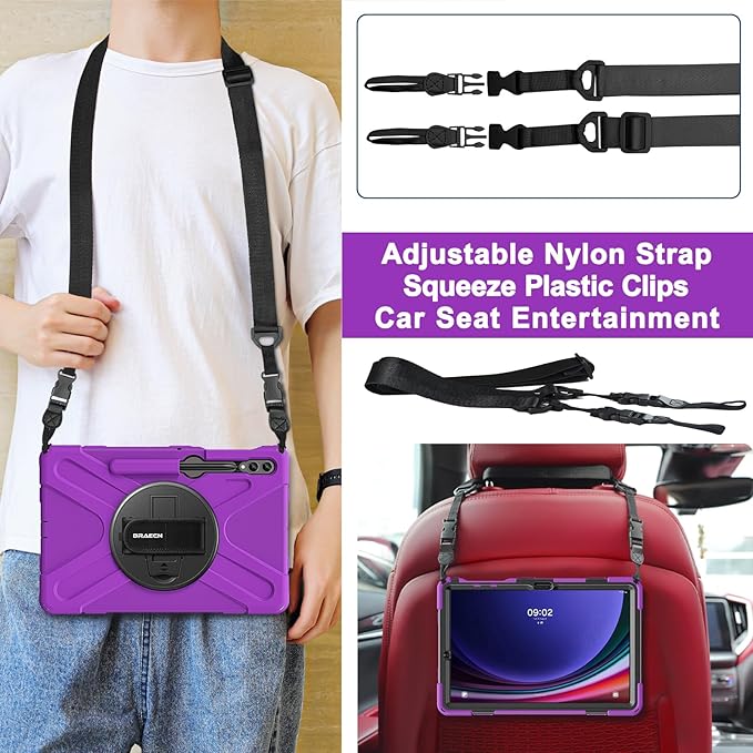 BRAECN for Galaxy Tab S10 Plus Case 2024&S9 FE Plus/S8 Plus/S7 Plus /S7 FE 12.4 Inch,Heavy Duty Shockproof Case with S Pen Holder&360 Rotating Hand Strap/Kickstand/Shoulder Strap for Tab S10+,Purple