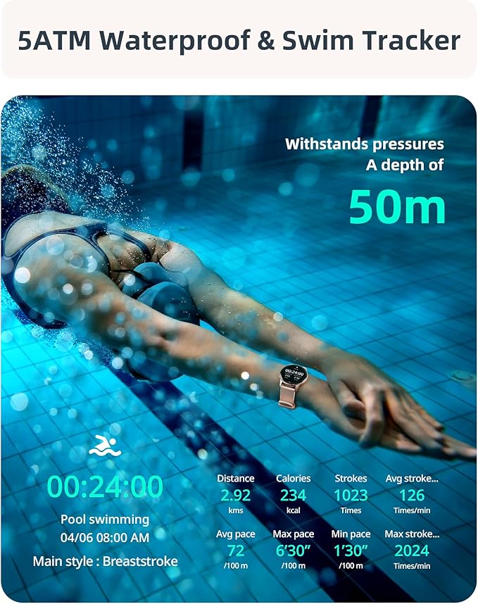 Parsonver Smart Watch for Women(Answer/Make Calls), 5ATM Waterproof Swimming Monitor, 44mm HD Screen Fitness Tracker 100+ Sport Modes, Heart Rate Sleep Monitor, Smartwatch for Android iOS, Rose Gold