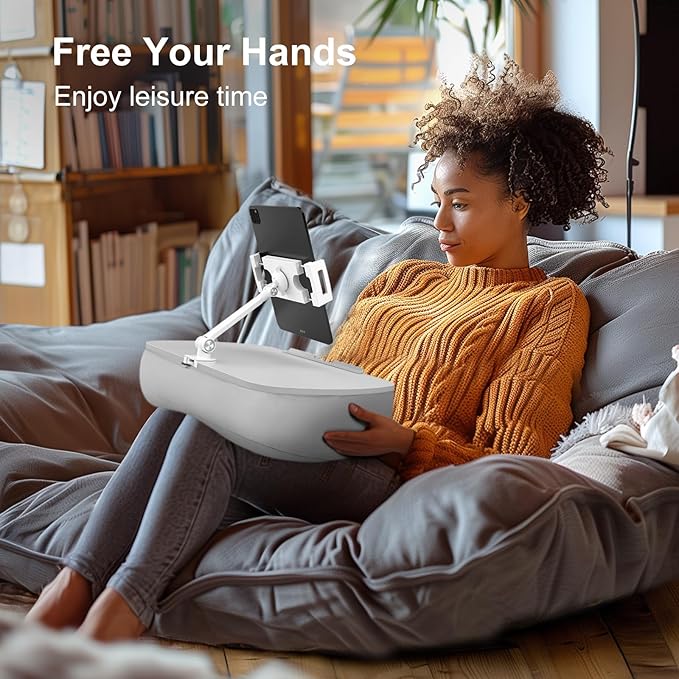 Lap Beanbag Cozy Kindle Pillow Stand for Bed with Adjustable Arm, 360° Tablet Holder, Fits 4.7"-13" Kindle, iPad, Phone, Laptop, Lap Desk for Hands Free Reading in Bed, Couch, Sofa(Light gary)