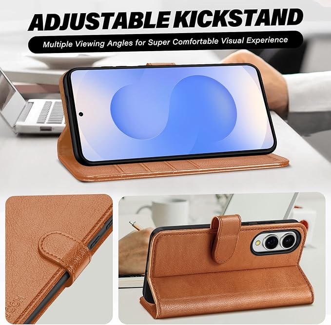 TUCCH Wallet Case for Galaxy S25 Edge, [RFID Blocking] Stand [4 Card Slots] Magnetic PU Leather Protective Folio Cover [TPU Shockproof Interior Case] Compatible with Galaxy S25 Edge 6.7", Light Brown