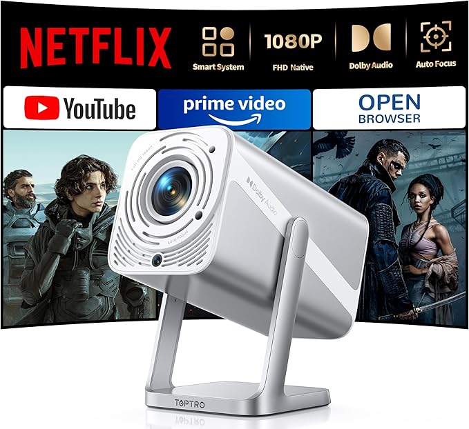 [Netflix-Licensed/Auto Focus/360°Adjustable Stand]Smart-Projector-4K with WiFi 6 and Bluetooth5.2, Native 1080P Mini Portable Projector, Dolby Audio/Auto Keystone/Zoom, TOPTRO Outdoor Movie Proyector