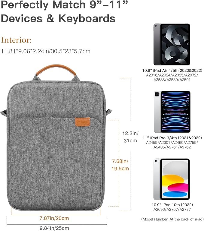 MoKo 9-11 Inch Tablet Sleeve Bag Handle Carrying Case with Shoulder Strap Fits 11inch iPad Air M3, iPad A16 2025, Pro 11 inch, iPad 10/9/8/7th Gen, Tab S8/S9 11", Dark Gray