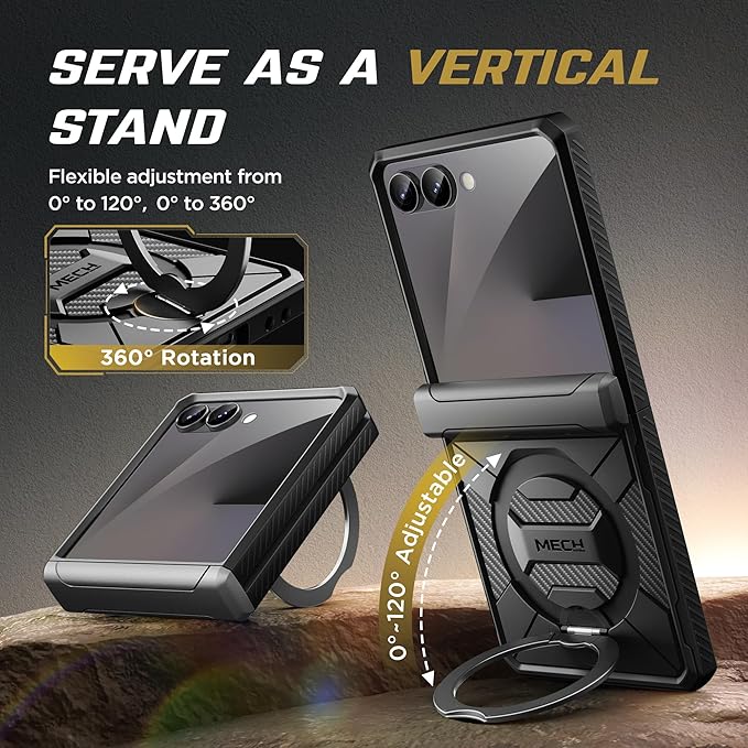 TONGATE 360° Spin Magnetic Stand for Z Flip 7 Case with Screen Protector, [Compatible with Magsafe] [Anti Slip] Full-Body Shockproof Samsung Galaxy Z Flip 7 Case with Hinge Protection, Black