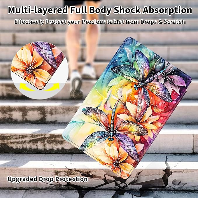 Case for 12.4 inch Galaxy Tab S10 Plus Case (2024), Galaxy Tab S9 Plus Case (2023), 360 Degree Rotating Folio Stand Smart PU Leather Cover, Auto Sleep/Wake, Dragonflies Flowers