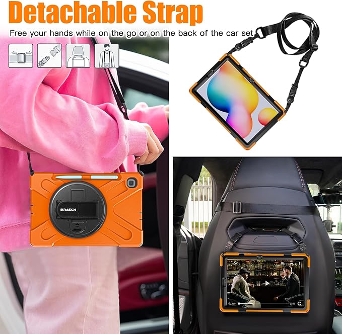 BRAECNstock for Samsung Galaxy Tab S6 Lite 10.4 Inch Case 2024/2022/2020 (SM-P620/P610/P619) with Pen Holder Rotating Kickstand + Hand Strap Shockproof Protective Kids Case for Galaxy S6 Lite - Orange
