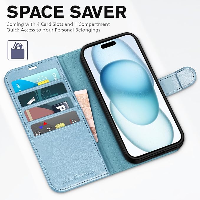 TUCCH Case Wallet for iPhone 15, [RFID Blocking] 4 Card Holder Stand [Shockproof TPU Interior Case] PU Leather Magnetic Protective Flip Cover Compatible with iPhone 15 5G 6.1", Shiny Light Blue