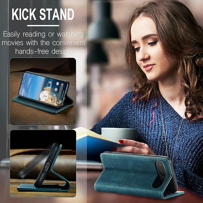 for Google Pixel 9 / Pixel 9 Pro Case, Flip Wallet Leather Case with Card Holder Magnetic Closure Shockproof Kickstand Protective Phone Cases Cover for Google Pixel 9 Pro,Blue-Green