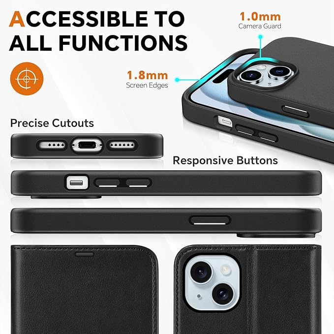 TUCCH Detachable Case Wallet for iPhone 15 Plus, Stand RFID Blocking 4 Card Slot Wireless Charging Shockproof Case, Black