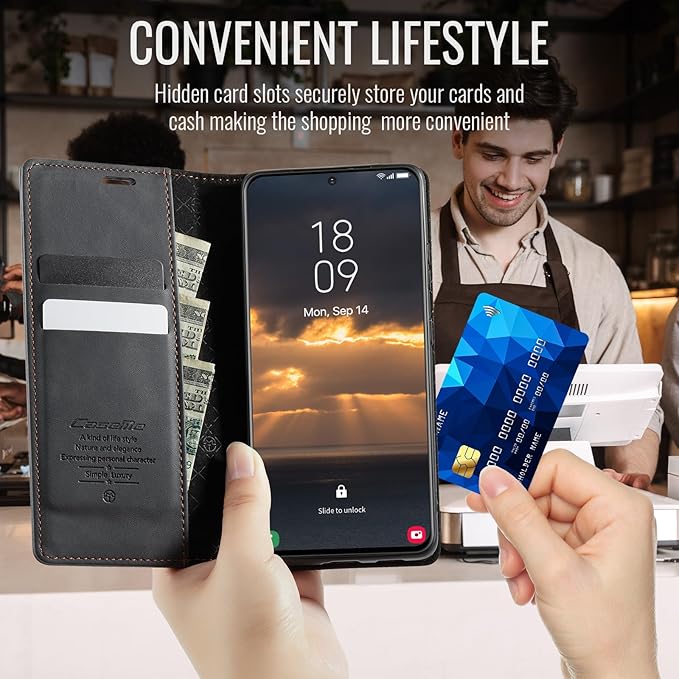 Wallet Case for Samsung Galaxy S21 FE Leather Wallet Flip Cover with Card Holder, Kickstand, Magnetic Closure, RFID Blocking TPU Shockproof Phone Case Compatible with S21 FE, Black