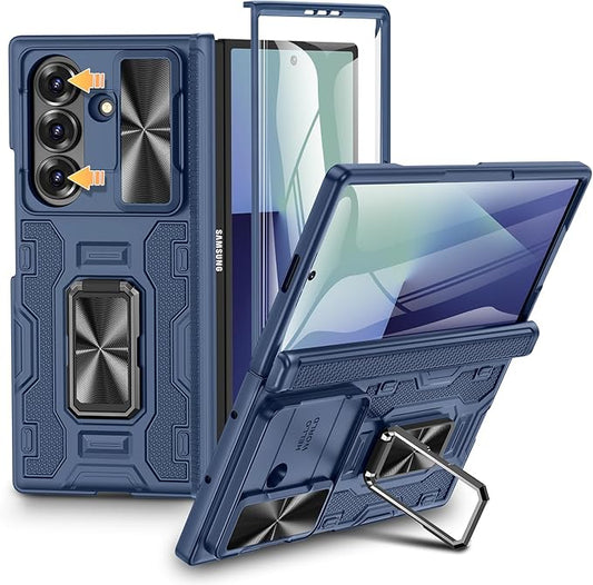 VEGO for Samsung Fold 7 Case with Hinge Protection & Slide Camera Cover [360°Rotating Ring Stand][Screen Protector] Heavy Duty Shockproof Protective Hard Case for Samsung Z Fold 7 5G 2025 - Blue