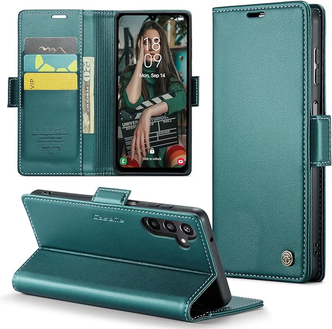 for Samsung Galaxy A15 4G/5G Case, Premium PU Leather Wallet Case Flip Cover with [RFID Blocking][Card Holder][Stand Function] Shockproof Protective for Samsung Galaxy A15, Blue-Green