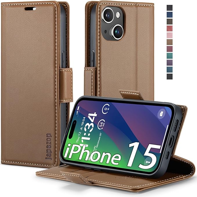 japezop iPhone 15 5G Wallet Case with [RFID Blocking],Card Holder Kickstand Magnetic,Leather Flip Case Wallet for iPhone 15 5G 6.1 Inch (Fashion Brown)