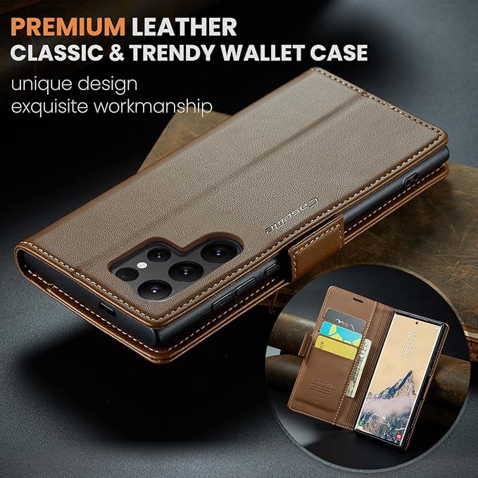for Samsung Galaxy S25 Ultra Case, Premium PU Leather Wallet Case Flip Cover with [RFID Blocking][Card Holder][Stand Function] Shockproof Protective for Samsung Galaxy S25 Ultra, Brown