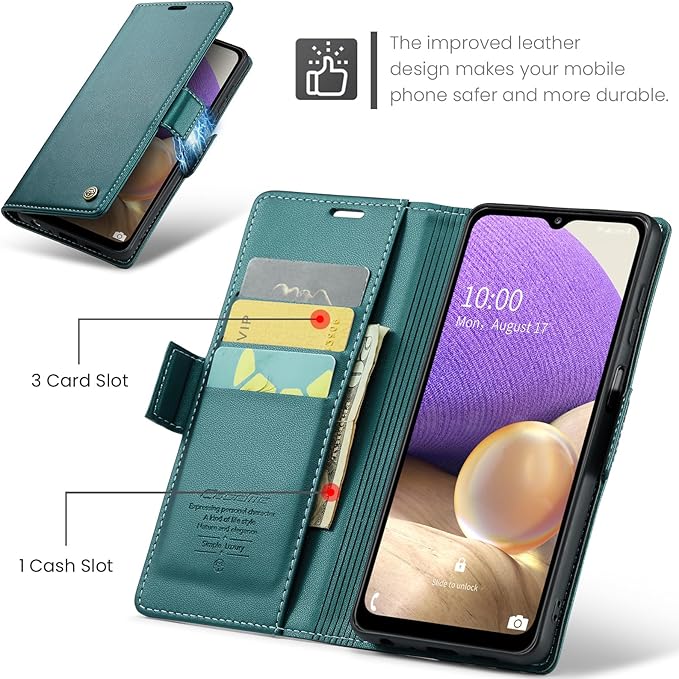 for Samsung Galaxy A32 5G Case, Premium PU Leather Wallet Case Flip Cover with [RFID Blocking][Card Holder][Stand Function] for Samsung Galaxy A32 5G (Non 4G Version), Blue-Green