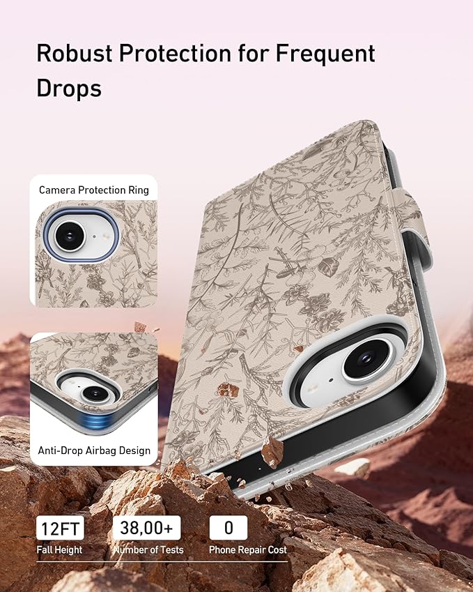 DEENAKIN for iPhone 16e Wallet Case with Card Holder + Cash Clip, RFID-Blocking, Military-Grade Drop Protection, Magnetic Closure with Leather Kickstand - Serene Foliage