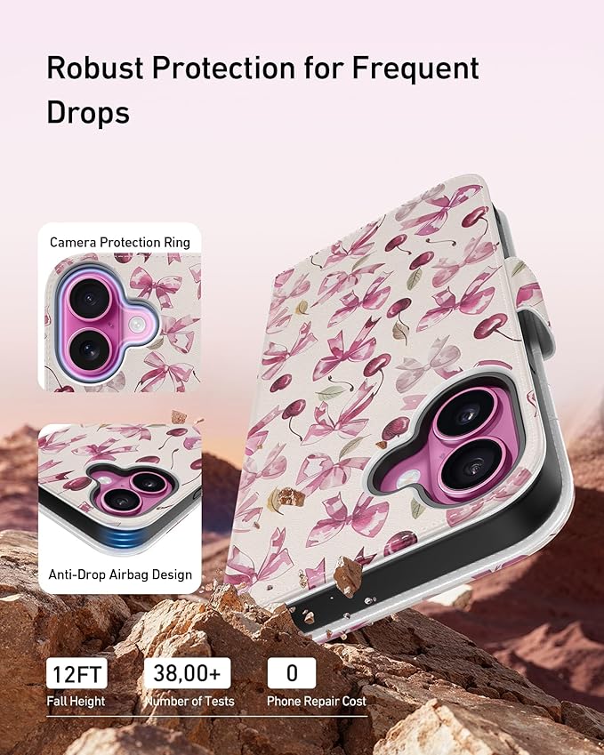 DEENAKIN for iPhone 16 Wallet Case with Card Holder + Cash Clip, RFID-Blocking, Military-Grade Drop Protection, Magnetic Closure with Leather Kickstand - Cherry & Bowknot