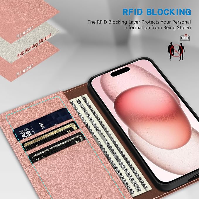 ZZXX for iPhone 15 Wallet Case with [RFID Blocking] Card Slot Stand Strong Magnetic Leather Flip Fold Protective Phone Case for iPhone 15 Case Wallet(Pink-6.1 inch)
