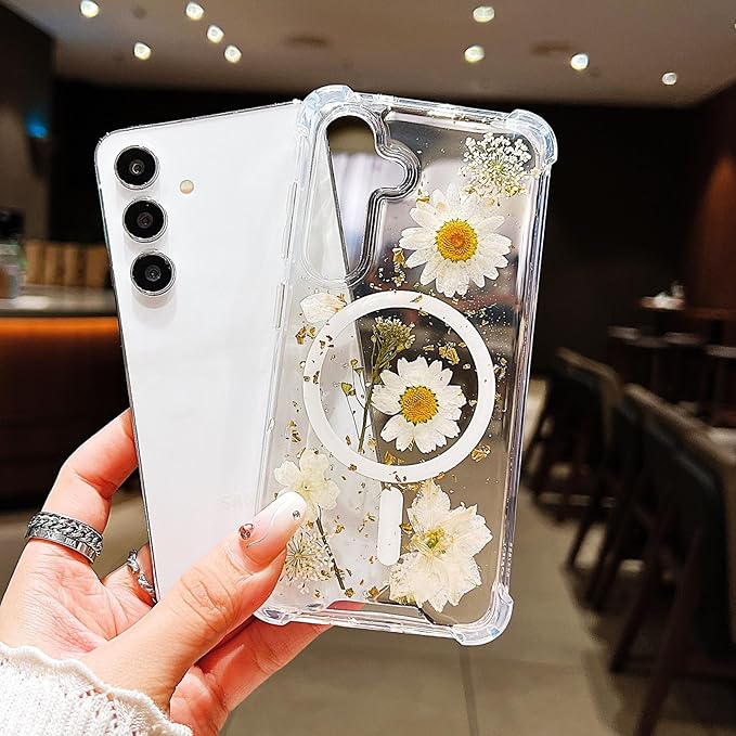 Compatible with Samsung Galaxy S25 Case,Compatible with MagSafe,Cute Pressed Dried Flowers Design Women Girly Shockproof Floral Clear Magnetic Case for Galaxy S25 (White)