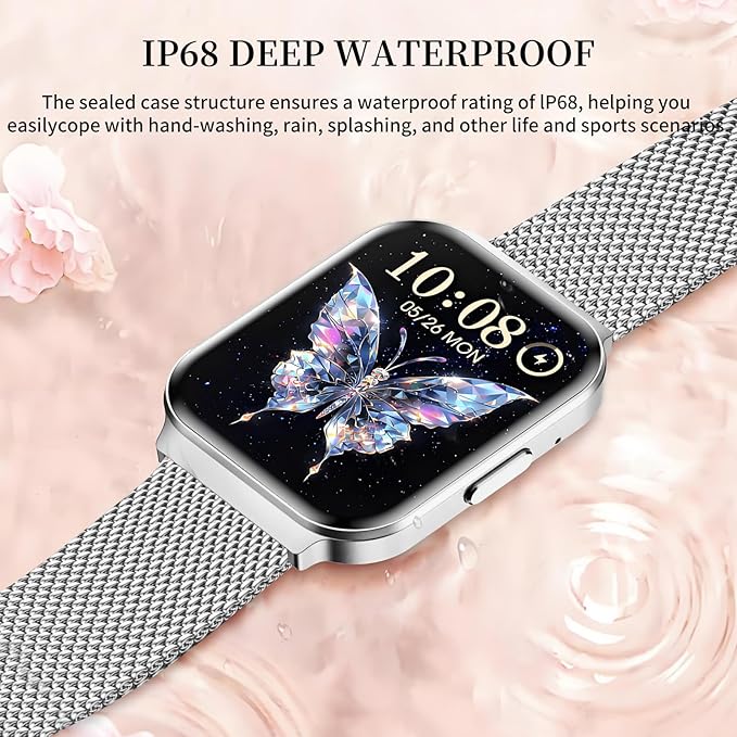 Welfit Women's Smart Watch, 1.75-inch Blood Pressure, Call/Message, Female Cycle Tracking, Heart Rate and Sleep Monitor, IP68 Waterproof for Android and iOS (Silver 2 Straps)