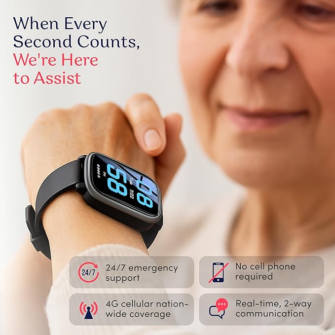 Cellular Medical Alert Smart Watch with Emergency Button for Elderly, 24/7 Monitoring, Fall Detection for Seniors, Water-Resistant Watch with 2-Way Communication, GPS Tracking, Heart Rate Monitor