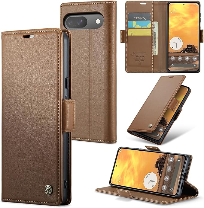 for Google Pixel 9/9 Pro Case, Premium PU Leather Wallet Case Flip Cover with [RFID Blocking][Card Holder][Stand Function] Shockproof Protective for Google 9/9 Pro, Brown