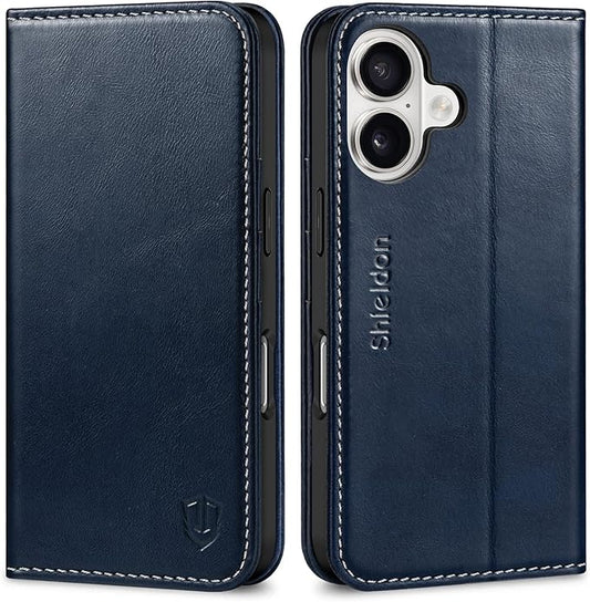 SHIELDON Real Leather Wallet Case for iPhone 17 6.3-inch 2025 | Magnetic Closure | RFID Blocking Card Slot | Kickstand | Shock-Absorbent | Soft Interior Phone Cover | Retro Dark Blue