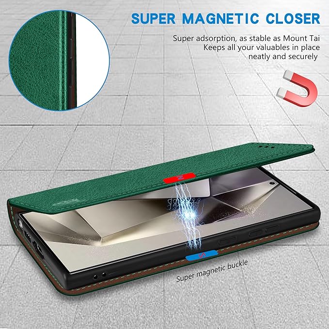 ZZXX for Samsung Galaxy S25 Ultra Wallet Case with [RFID Blocking] Card Slot Stand Strong Magnetic Leather Flip Fold Protective Phone Case for Samsung Galaxy S25 Ultra Case Wallet(Green-6.8 inch)