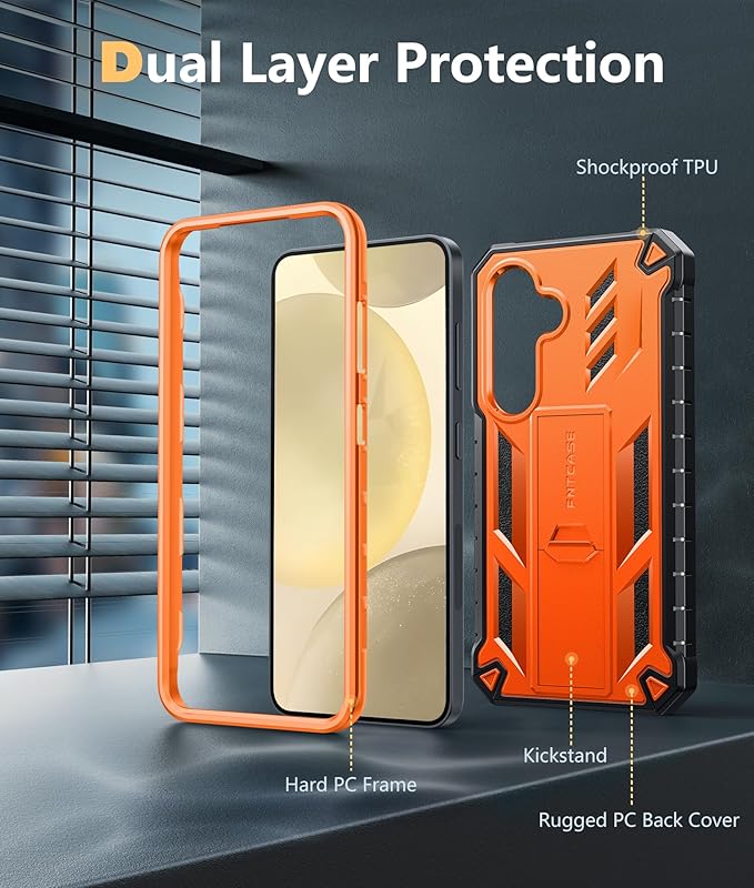 FNTCASE for Samsung Galaxy S24 Case: Military Grade Shockproof Protective Phone Cover with Kickstand | Rugged Full Drop Proof Protection | Dual Layer Matte Textured TPU Cases - 6.2 inches (Orange)