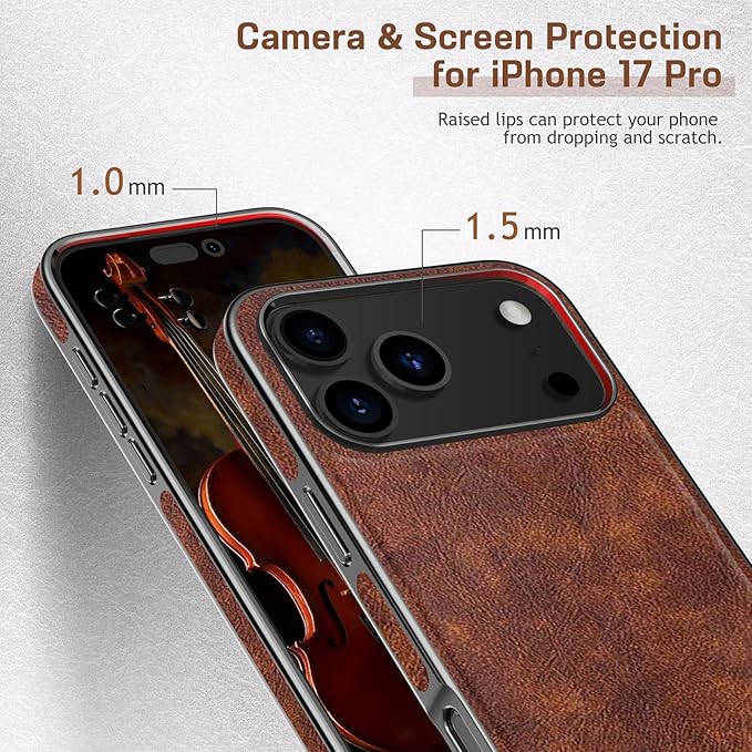 LOHASIC for iPhone 17 Pro Leather Case, Compatible with MagSafe, Vintage Elegant PU & Metal Bumper Trim, Protective Phone Cover Magnetic Case for iPhone17 Pro 6.3" 2025 - Retro Brown