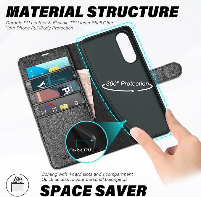 TUCCH Wallet Case for Galaxy S25 Edge, Magnetic PU Leather Stand [RFID Blocking] 4 Card Slots Protective Folio Cover with [TPU Shockproof Interior Case] Compatible with Galaxy S25 Edge, Textured Black