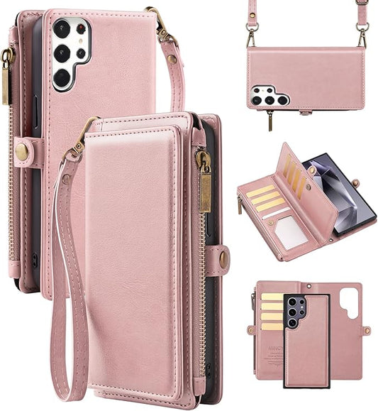 MInCYB for Samsung Galaxy S24 Ultra Case, Galaxy S24 Ultra Wallet Case with Card Holder (12+ Card Slots) - PU Leather Case for Women & Men, Wireless Charging, Detachable Magnetic Phone Cover. Pink