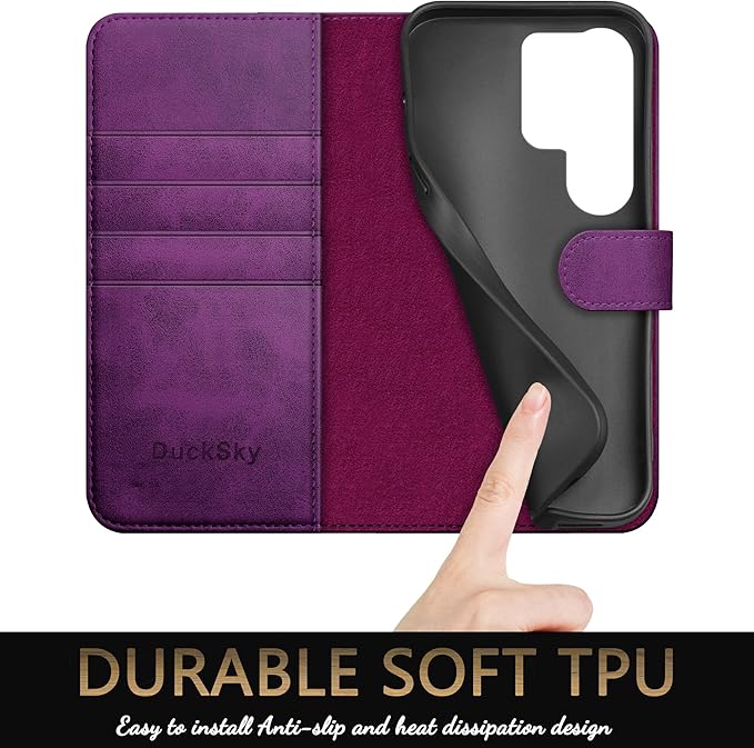 Compatible with Samsung Galaxy S25 Ultra Genuine Leather Wallet case【RFID Blocking】【4 Credit Card Holder】【Real Leather】 Flip Folio Book Phone case Cover Women Men for S25 Ultra case Purple