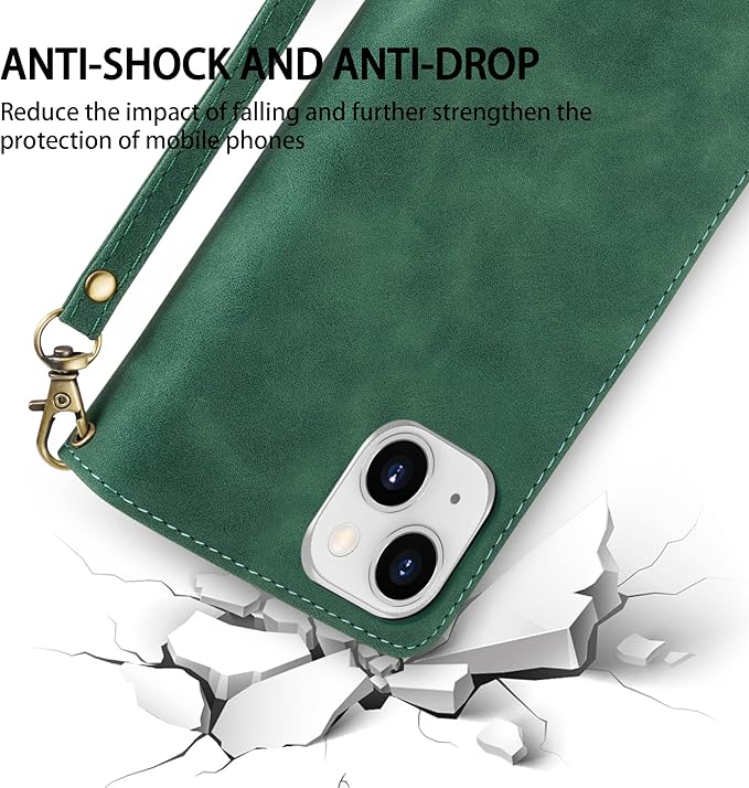 ZZXX for iPhone 14 Plus Case Wallet with [RFID Blocking] Card Slot Premium Soft PU Leather Zipper Flip Folio with Wrist Strap Kickstand Protective Cover for iPhone 14 Plus Wallet Case(Green-6.7 inch)