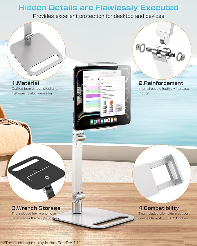 Tablet Stand Holder for iPad, Portable Monitor Stand Holder 15.6'',17.3'', Aluminum Alloy Foldable Arm Mount with 360° Swivel Desk Mount Compatible with 4.7-17.3inch Tablet, Cell Phone (White)