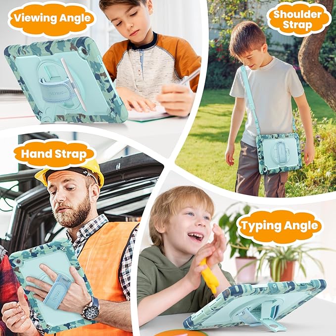 SEYMAC stock Case for Samsung Galaxy Tab A9+ Plus 11'', Full-Body Drop Protection Case with Screen Protector Pencil Holder [360° Rotating Hand Strap] &Stand, SkyBlue Camo