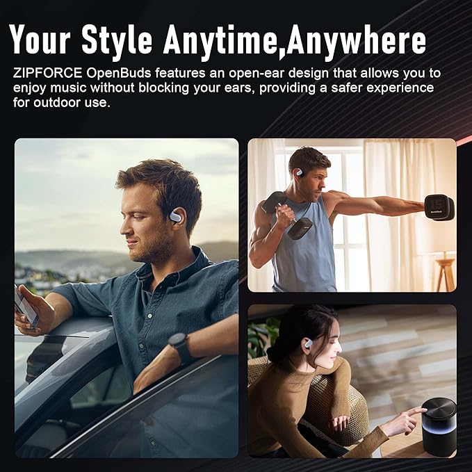 ZIPFORCE True Wireless Earbuds, Open-Ear Bluetooth 5.3 Headphones 4-Mics ENC Clear Call, OWS Bluetooth Earbuds Touch Control, IPX6 Waterproof TWS, Light-Weight Earphones