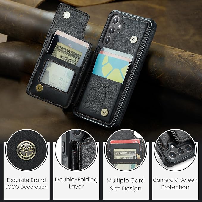 Vinich for Samsung Galaxy S24 Plus Wallet Case with Card Holder, RFID Blocking Credit Slots Kickstand Shockproof Phone Cover for Women Men, Black