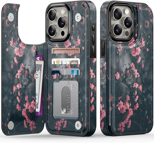 FUNMIKO for iPhone 14 Pro Max Wallet Case with Card Holder, RFID-Blocking, Military-Grade Protection & UV-Printed Artwork, Magnetic Closure with Leather Kickstand - Mystic Blooming Plum