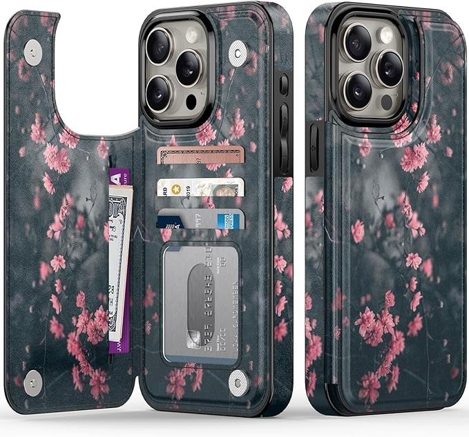 FUNMIKO for iPhone 13 Pro Max Wallet Case with Card Holder, RFID-Blocking, Military-Grade Protection & UV-Printed Artwork, Magnetic Closure with Leather Kickstand - Mystic Blooming Plum