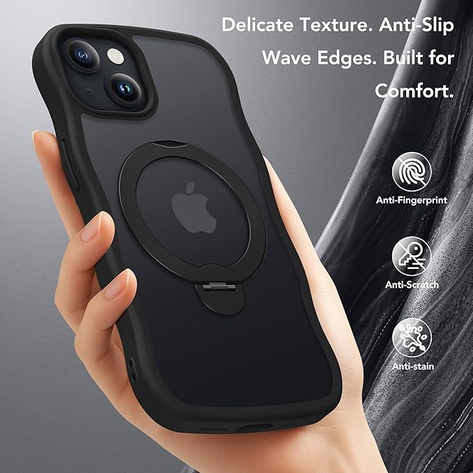 for iPhone 13 Case & iPhone 14 Case for Women,[Compatible with Magsafe][360° Spin Magnetic Stand][Cute Wave Edge][Military-Grade Protection]Translucent Matte Phone case for iPhone 13/14, Black
