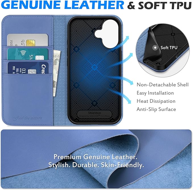 SHIELDON Wallet Case for iPhone 16 6.1", Genuine Leather Folio Magnetic Kickstand RFID Blocking Credit Card Slots Protective Phone Cover Compatible with iPhone 16 5G 2024 - Nappa Wisteria Purple