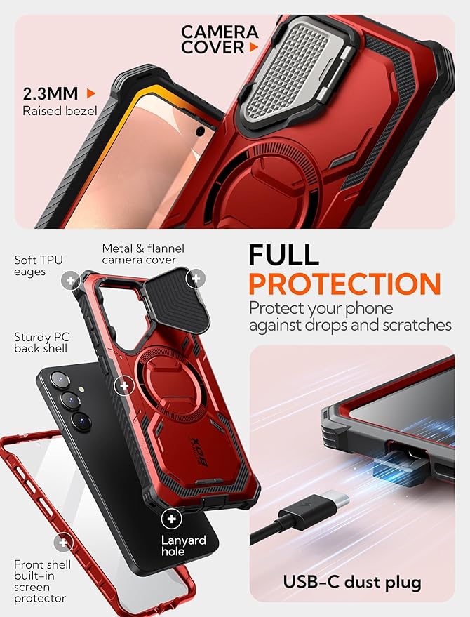 i-Blason for Samsung Galaxy S25 Case with Camera Cover Stand [MagSafe Compatible] [Built-in Screen Protector] Full-Body Military-Grade Protection Rugged Magnetic Phone Case for S25 6.2'', Red