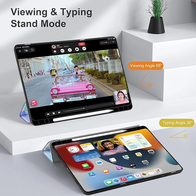 MEEgoodo Case for Samsung Galaxy Tab A9 Plus 11 inch Cover 2024 2023 with S Pen Holder, A9+ Smart Tablet Cases with Leather Trifold Stand+Soft TPU Back Shell+Smart Auto Wake/Sleep, Light Blue Mosaic