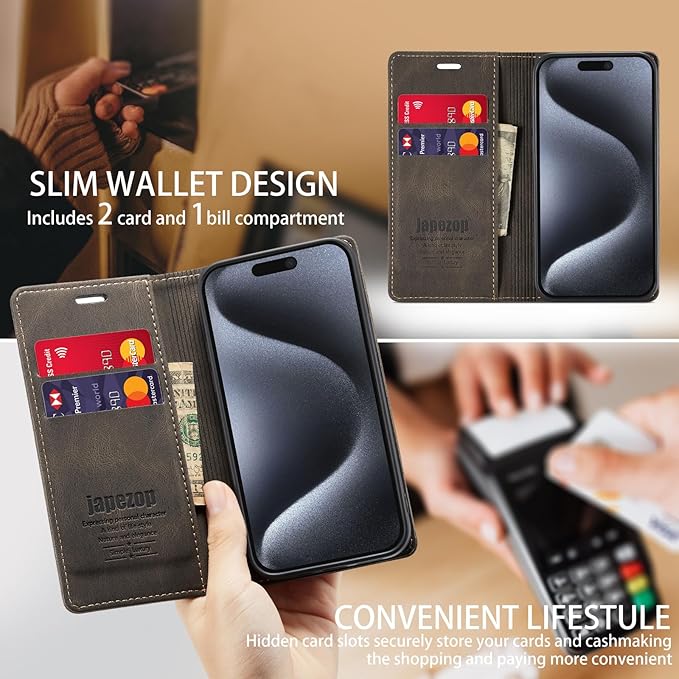 japezop iPhone 15 Pro 5G Wallet Case with [RFID Blocking],Card Holder Kickstand Magnetic,Leather Flip Case Wallet for iPhone 15 Pro 5G 6.1 Inch(Coffee)