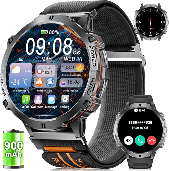 LIGE Military Smart Watch with 900mAh Battery(60+Standby),1.73" AMOLED with Compass Altitude and Barometric Pressure,110+ Sports Mode Tactical Fitness Tracker/Bluetooth Call Android iOS Smartwatch