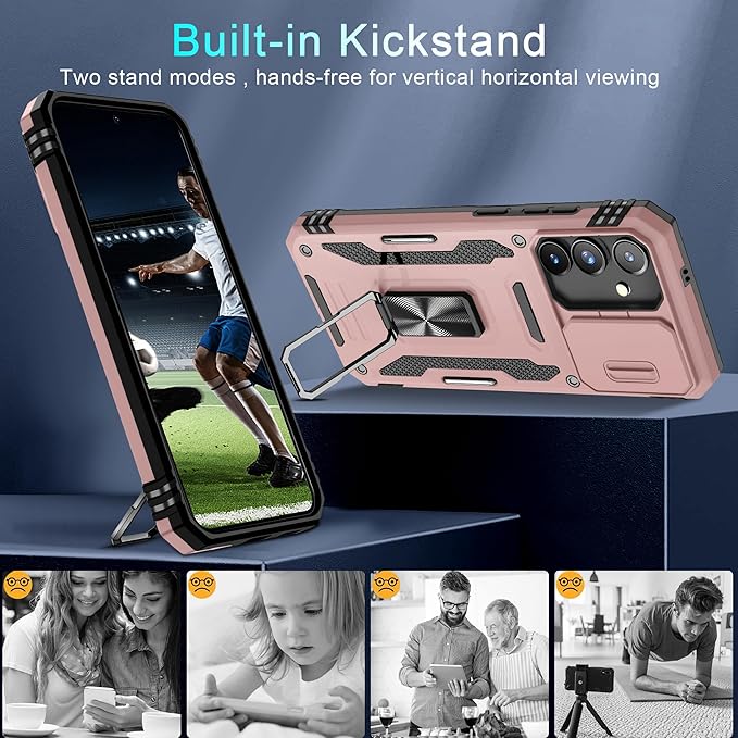 DEERLAMN Case for Samsung Galaxy S24 FE 6.7-Inch with Slide Camera Cover+Screen Protector(1 Pack), Rotated Ring Kickstand Military Grade Shockproof Protective Cover-Rose Gold