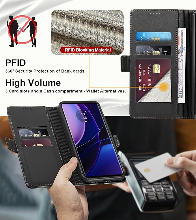 Wallet Flip Case for Motorola Edge (2023) - [RFID Blocking] Luxury PU Leather Card Holder Magnetic Phone Cover with Kickstand,Shockproof Protective Case,Black
