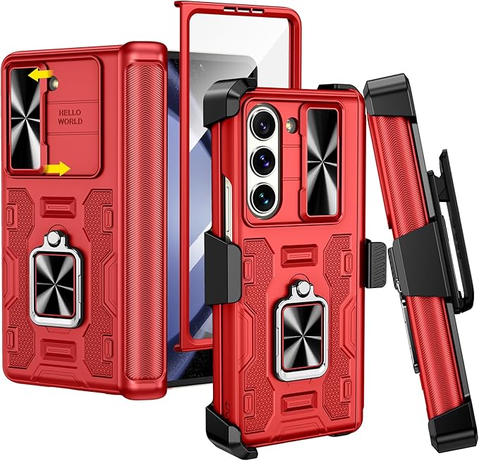 VEGO for Galaxy Z Fold 5 Case with Hinge Protection, Belt Clip Holster & 360°Ring Magnetic Kickstand & Camera Cover & Front Screen Protector Shockproof Cover - Vibrant Red