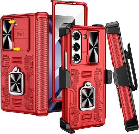 VEGO for Galaxy Z Fold 5 Case with Hinge Protection, Belt Clip Holster & 360°Ring Magnetic Kickstand & Camera Cover & Front Screen Protector Shockproof Cover - Vibrant Red